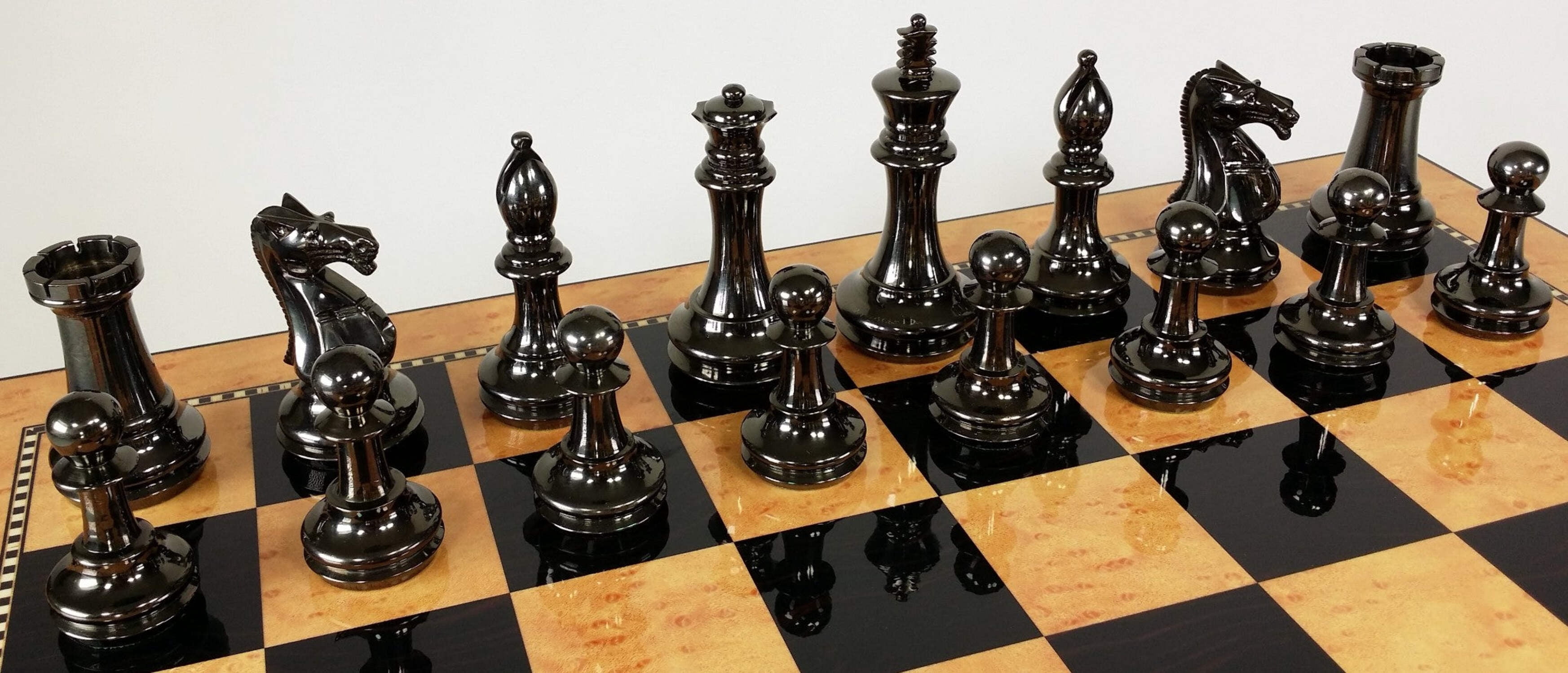 BRASS Black Gold Staunton Exclusive Chess Set Lrg 20" Walnut Color Storage Board