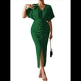 thumbnail image 2 of Vestido de Cóctel para Mujer, con Efecto Metalizado, Cruzado, Color Liso, Escote en V, Plisado, Abertura Alta, Corta, Midi, Verde, Talla S, 2 of 9