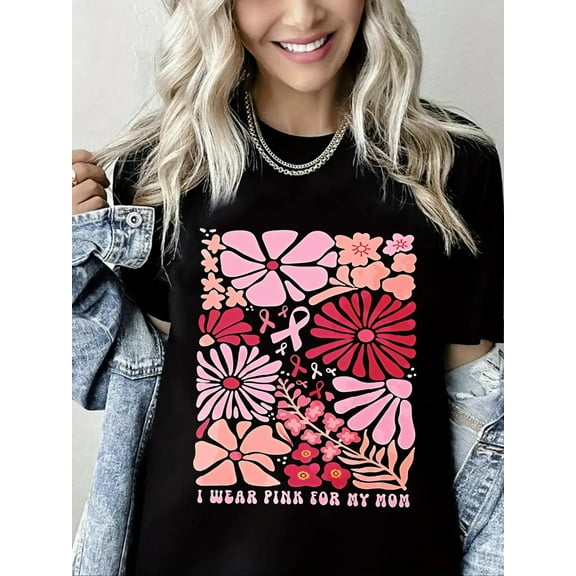 Breast Cancer Tshirts With Pink Ribbon and Bohemian Flowers Design Short Sleeve Shirts for Women Black One-Piece