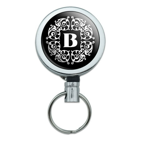 - Letter B Initial Black White Scrolls Retractable Belt Clip Badge Key Holder