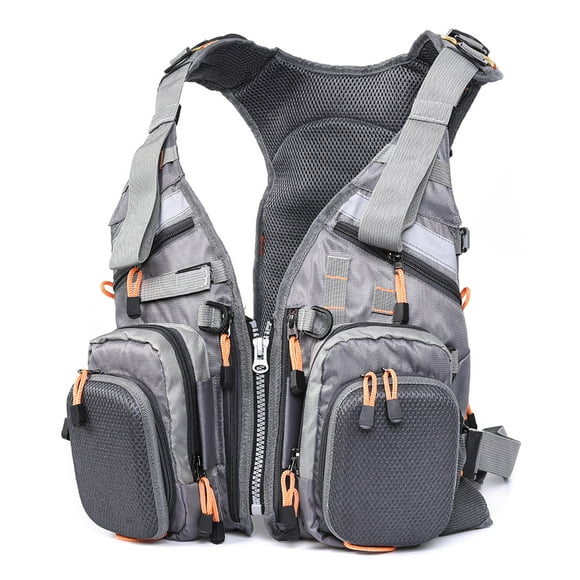 Blusea Adjustable Grey Fishing Vest with Multiple Zippered Pockets, Reflective Panels, and Detachable Gear Carrier for Outdoor Enthusiasts