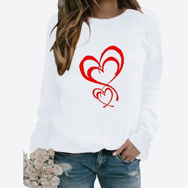 Jsaierl Hauts de la Saint-Valentin pour Femmes T-Shirts Mignons à Imprimé Cœur d'Amour Décontractés à Manches Longues T-Shirts Tendance à Col Rond Blouses 2025
