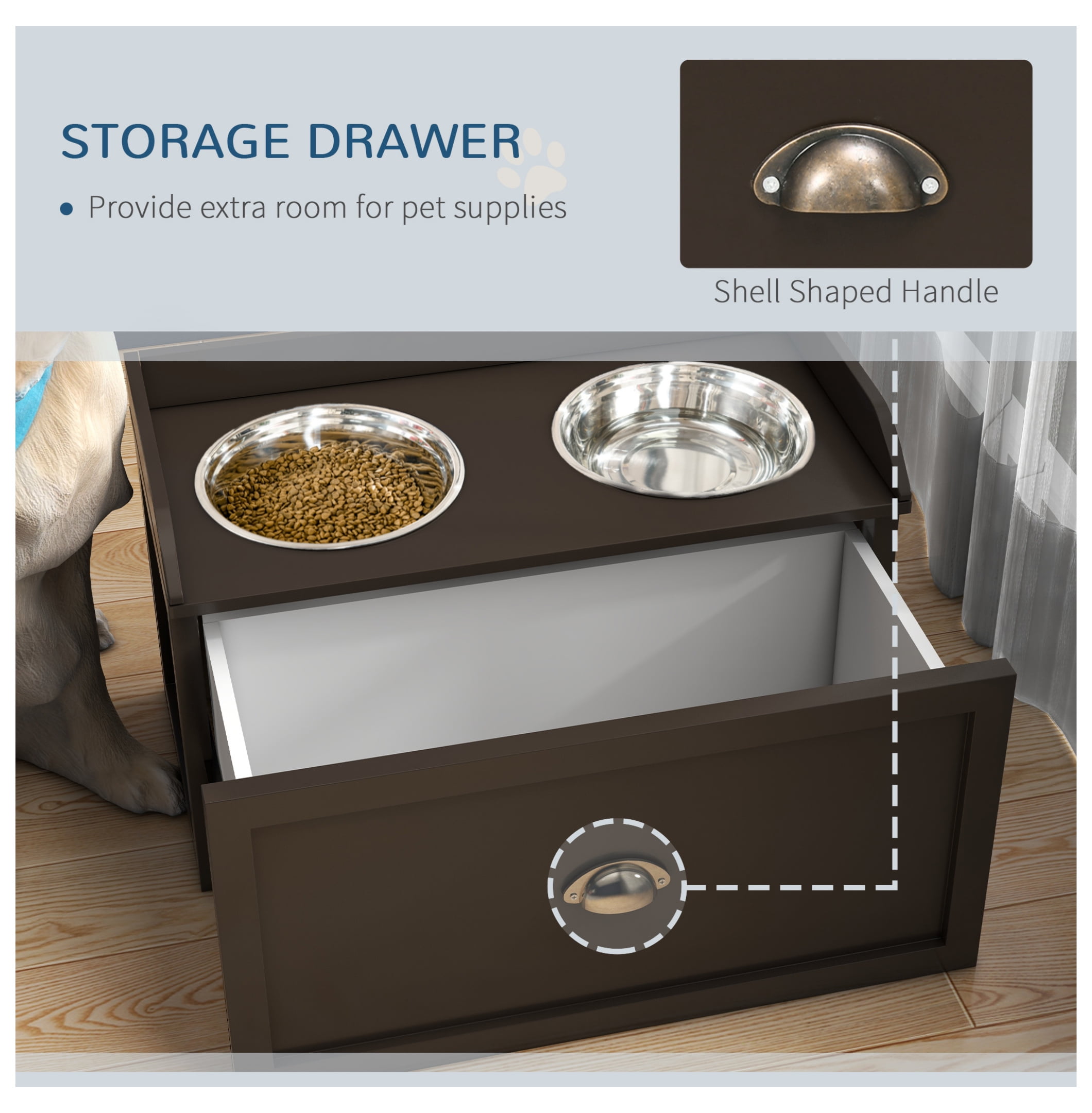 Dog Feeding Station with Storage Drawer, Storage Cabinet with 2 Removable Elevated Dog Bowls for Large Sized Dogs, Coffee