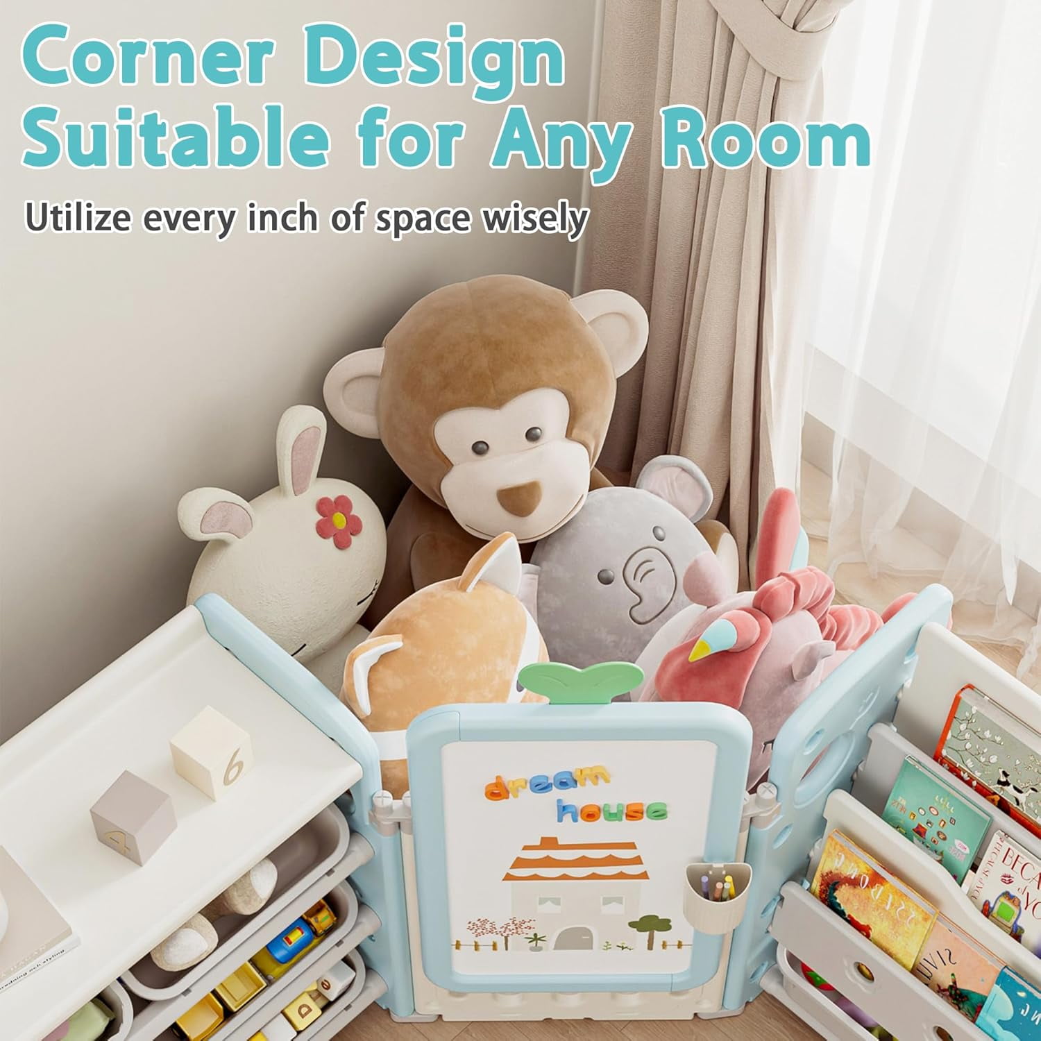 Kids Toy Storage Organizer with 3-Tier Bookshelf, NEORIVER Collapsible, 87.4W x 12.6D x 35.8H", with Removable Bins, Drawing Board & 3 Brushes