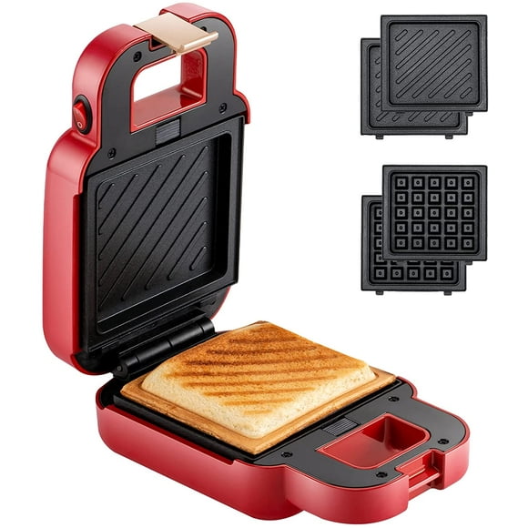 Mini Sandwich Maker, Portable 2 in 1 Waffle Maker Panini Press Grill (Red)
