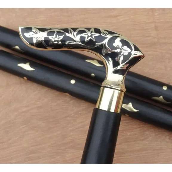 Antique Brass Victorian Handle Wooden Walking Stick Canes Vintage Designer gift.