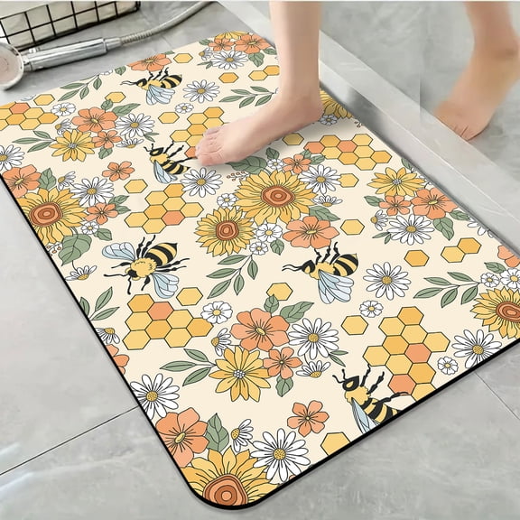 1pc Bee and Flower Bathroom Rug Bathroom Decor and Accessories- Durable,Anti Slip,And Quick Drying,Suitable For Indoor/outdoor Use - Perfect For Bathrooms,Bedrooms,Kitchens