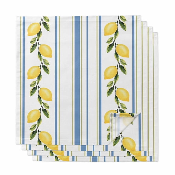 Lemon Striped Cloth Napkins, Yellow Fruit Blue White Geometric Washable and Reusable Dinner Napkins Set of 4, Table Napkin for Kitchen Party Birthday Wedding Hotel Housewarming 20"x20"