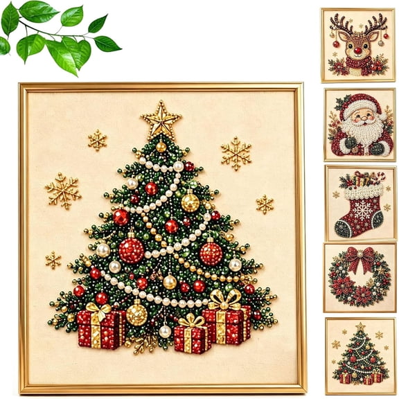 DIY Christmas Pearl Diamond Painting Art Kit with Frame, Christmas Pearl Beads Art Craft for Adults Beginner, Gemstone Diamond Dots Beads Handmade Hanging Painting Kit for Home Wall Decor (Tree)