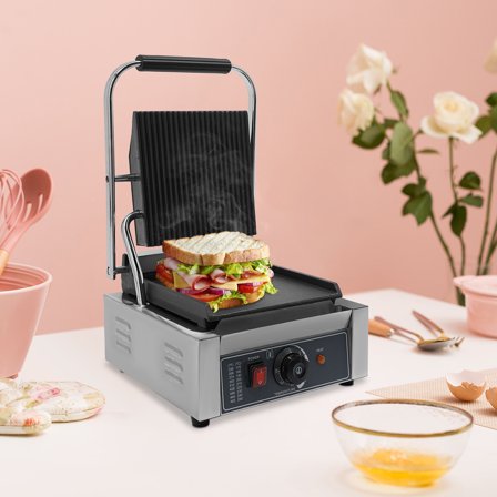 1800W Electric Sandwich Panini Press Grill, 110V Commercial Panini Press Sandwich Maker Machine 122°F-572°F Double-sided Heating Non-Stick Half Grooved Plates for Paninis Hamburgers Steaks Bacons