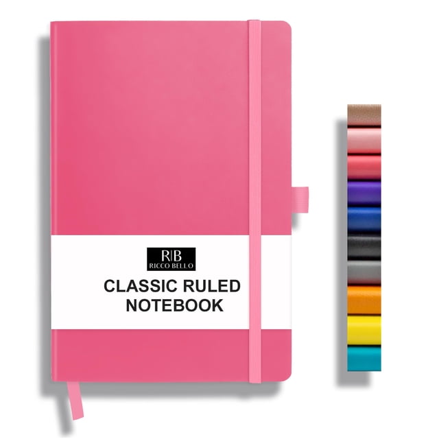RICCO BELLO Lined Journal Notebook with Pen Holder, Faux Leather Hardcover, College Ruled, for Work, Notes | 96 Sheets /192 Lined Pages, 5.7 x 8.4-Inches (Pink)