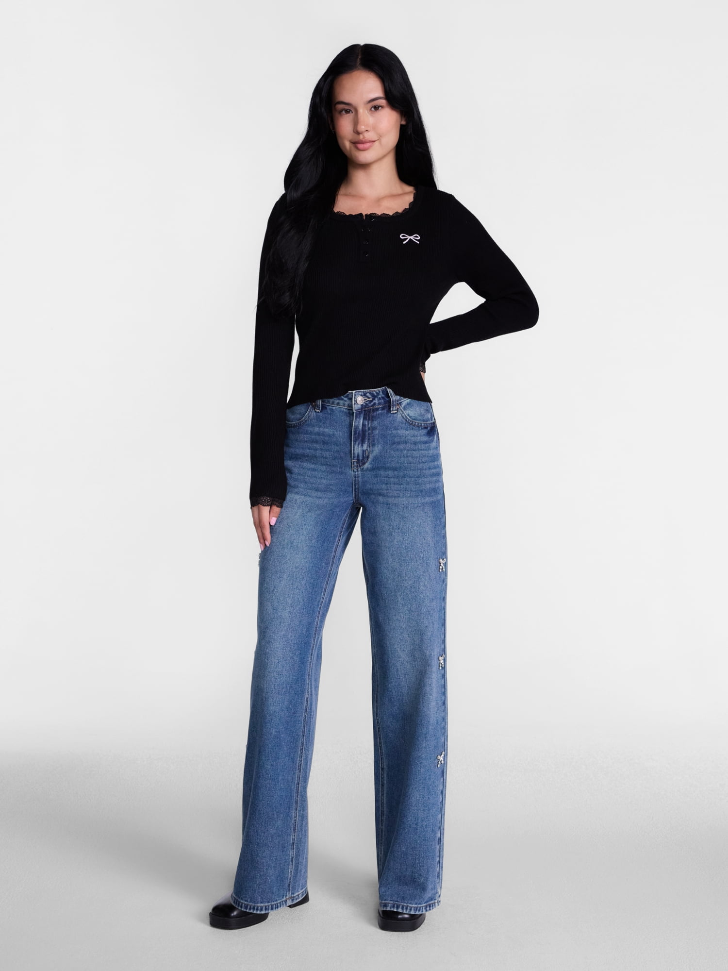 Madden NYC Women’s Ultra 90's Jeans with Rhinestone Bows, 32'' Inseam, Sizes 00-18