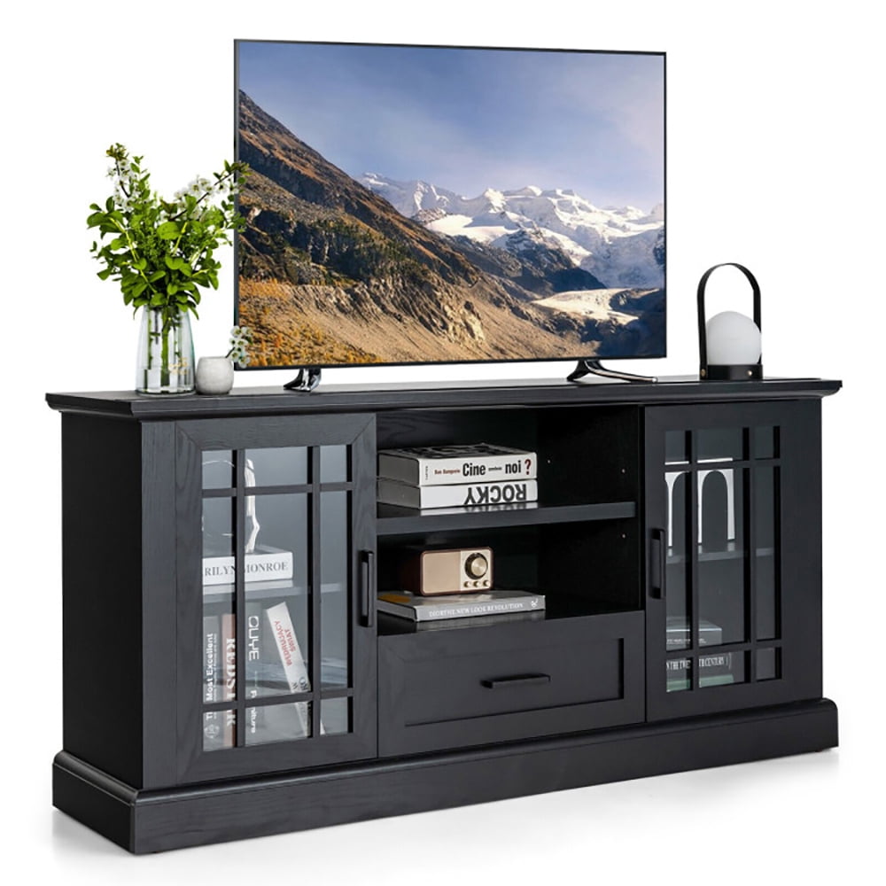 Finihen TV Stand, TV Cabinet, TV Stand for TVs up to 70 with Glass Doors Cubbies and Drawer, for Living Room, Black