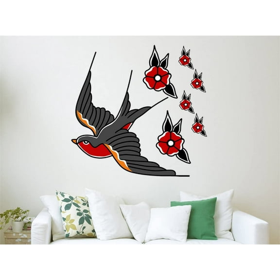 VWAQ Swallow Tattoo Wall Decor - AT3 Peel and Stick Bird Decals American Traditional Style, 28" H X 30" W, Multi Color