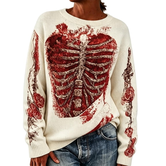 Halloween Sweaters for Women Skeleton Floral Graphic Skull Sweater, Halloween Sweater,Skeleton Sweater Long Sleeve Gothic Pullover Vintage Skull Sweaters Fall Casual Outfits