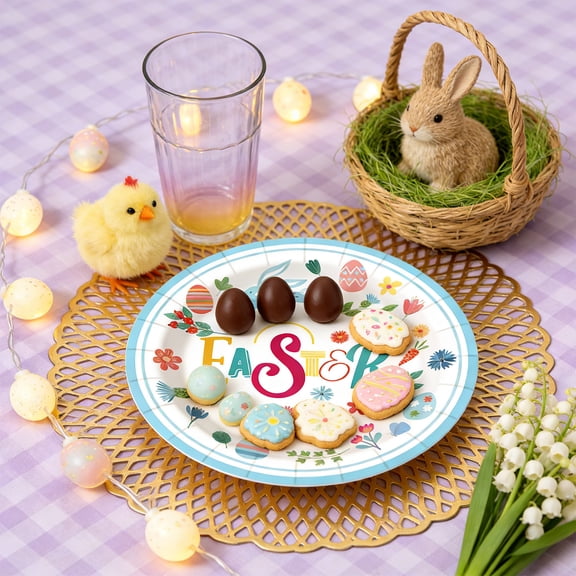Loespoir Count Easter Paper Plates, Heavy Duty Easter Dinnerware Sets, Disposable Platters Set, for Spring Holiday Party, Bunny Egg Design, Family Gathering(A)