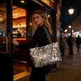 thumbnail image 4 of Sequin Shoulder Bag Tote with Chain, Large Capacity Pleated Polyester Shoulder Purse for Work, Travel and Daily Commute, 4 of 6