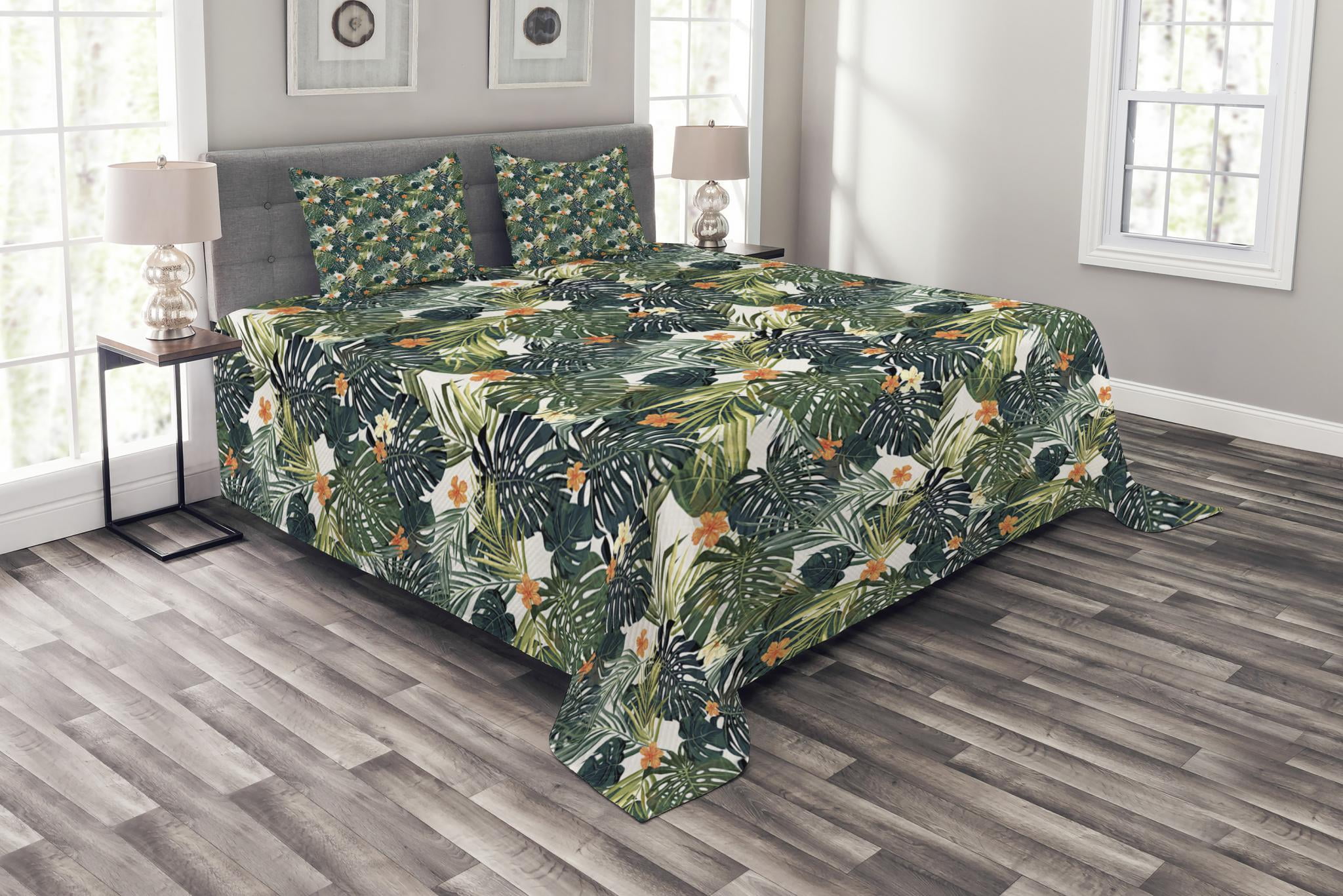 Green Bedspread Set King Size, Hawaiian Summer Aloha Pattern with