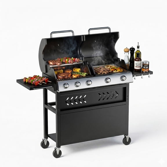 5 Burner Propane Gas Grill & Griddle Combo, 40,000 BTU Outdoor BBQ with Cast Iron Cooking Surface