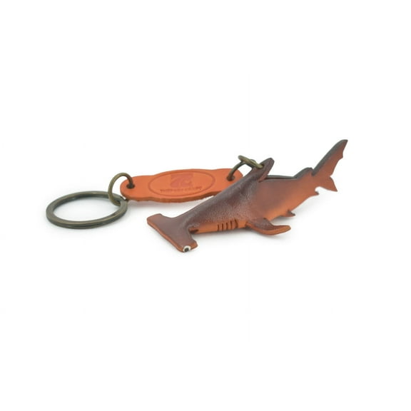 Shark, Key Chain, Leather, Hammerhead Shark, Fish, Brown, Hand Made, Keychain, Thailand, Key Fob, Keys, Lifelike Model, Gift, 3 1/2" THL09 BB69