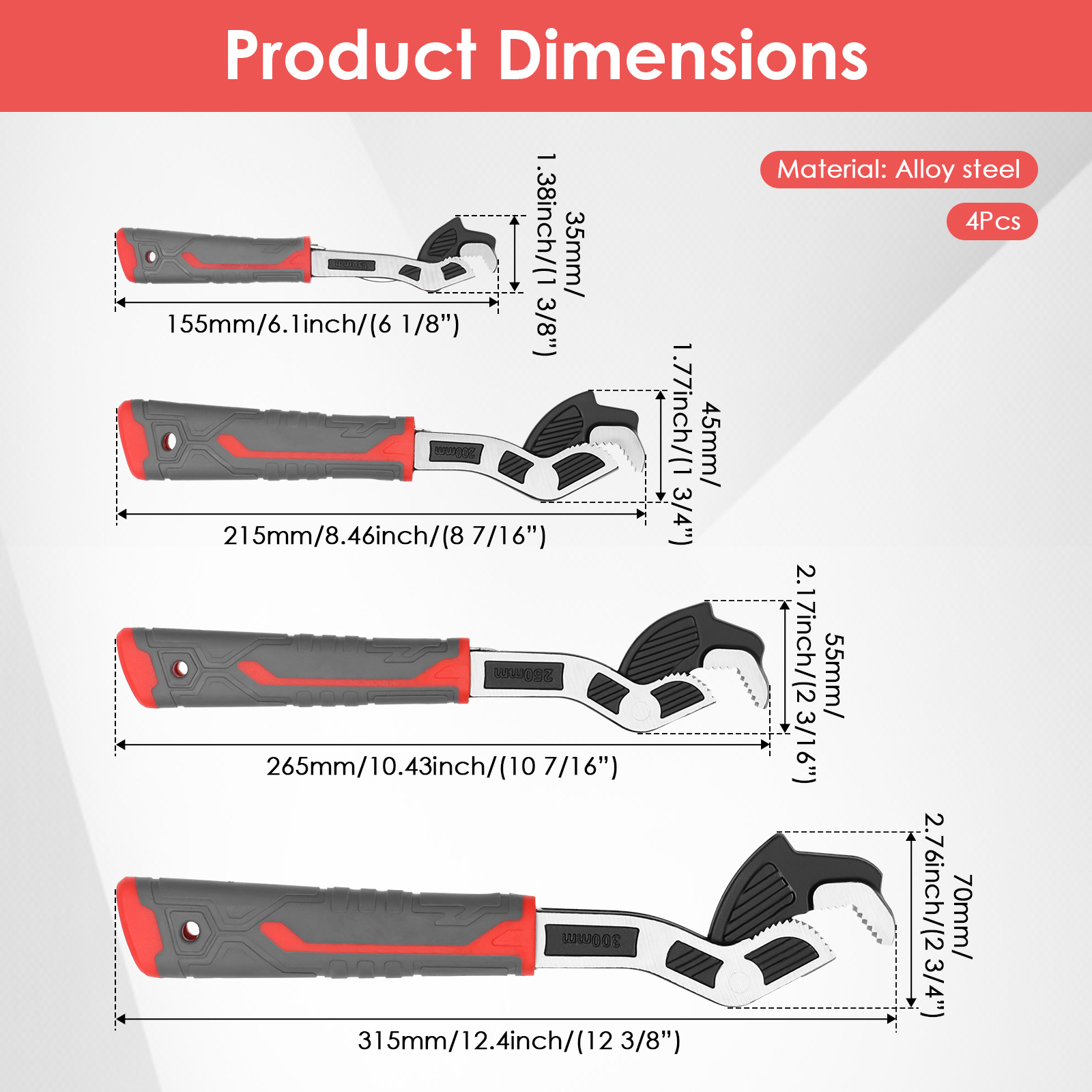 Tmwefusc Pipe Wrench Set 6" 8" 10" 12" Self Adjusting Wrench 4 Piece Plumbing Tool for 0.27"-1.69"/7-43mm Standard Nut Irregular Nut Pipe Use