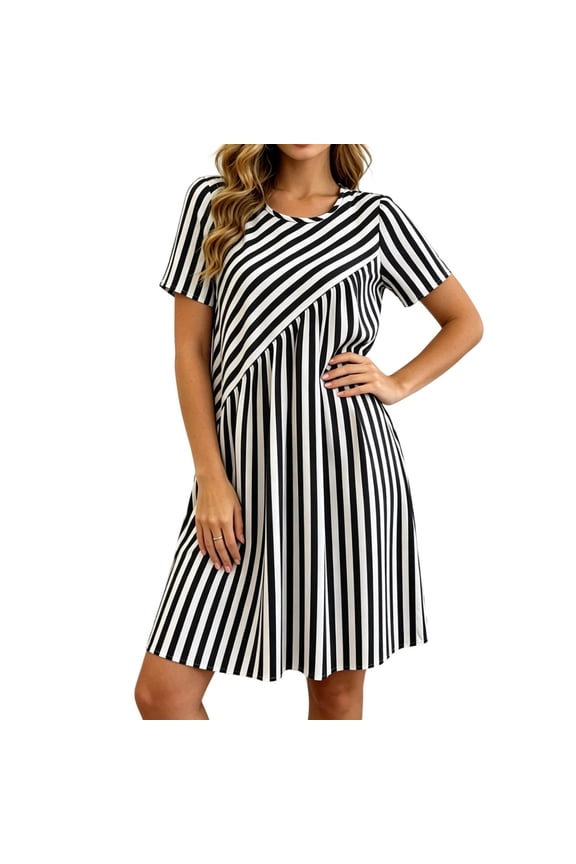 Dresses for Women Asymmetrical Striped Swing Dress Crew Neck Short Sleeves A-Line Diagonal Print Womens Dresses Summer Dresses for Women 2026