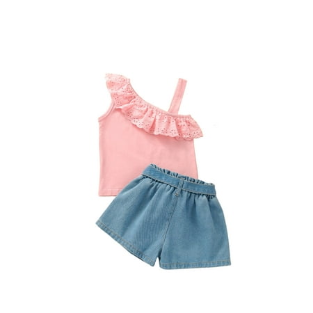 

Livingsenburg Children Kids Girls Set Summer Girl Ruffle Tops Denim Shorts