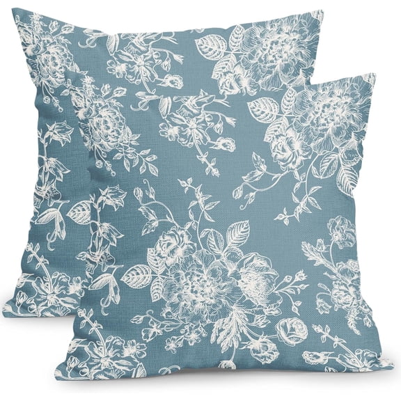 Vintage Floral Pillow Covers 20x20 Inch Set of 2 Smoke Blue Floral Outdoor Decorative Throw Pillows Chinoiserie Flower Pillowcases Rustic Farmhouse Cushion Covers for Couch Home Decor