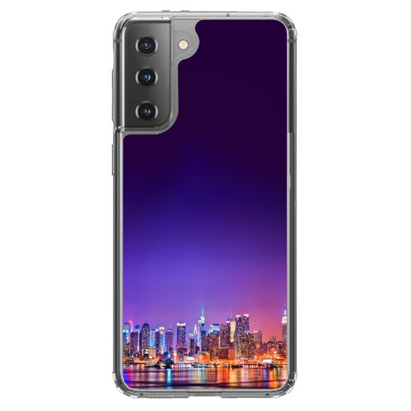 DistinctInk Clear Shockproof Hybrid Case for Galaxy S21  PLUS 5G (6.7" Screen) - TPU Bumper, Acrylic Back, Tempered Glass Screen Protector - New York Skyline Night - The Big Apple