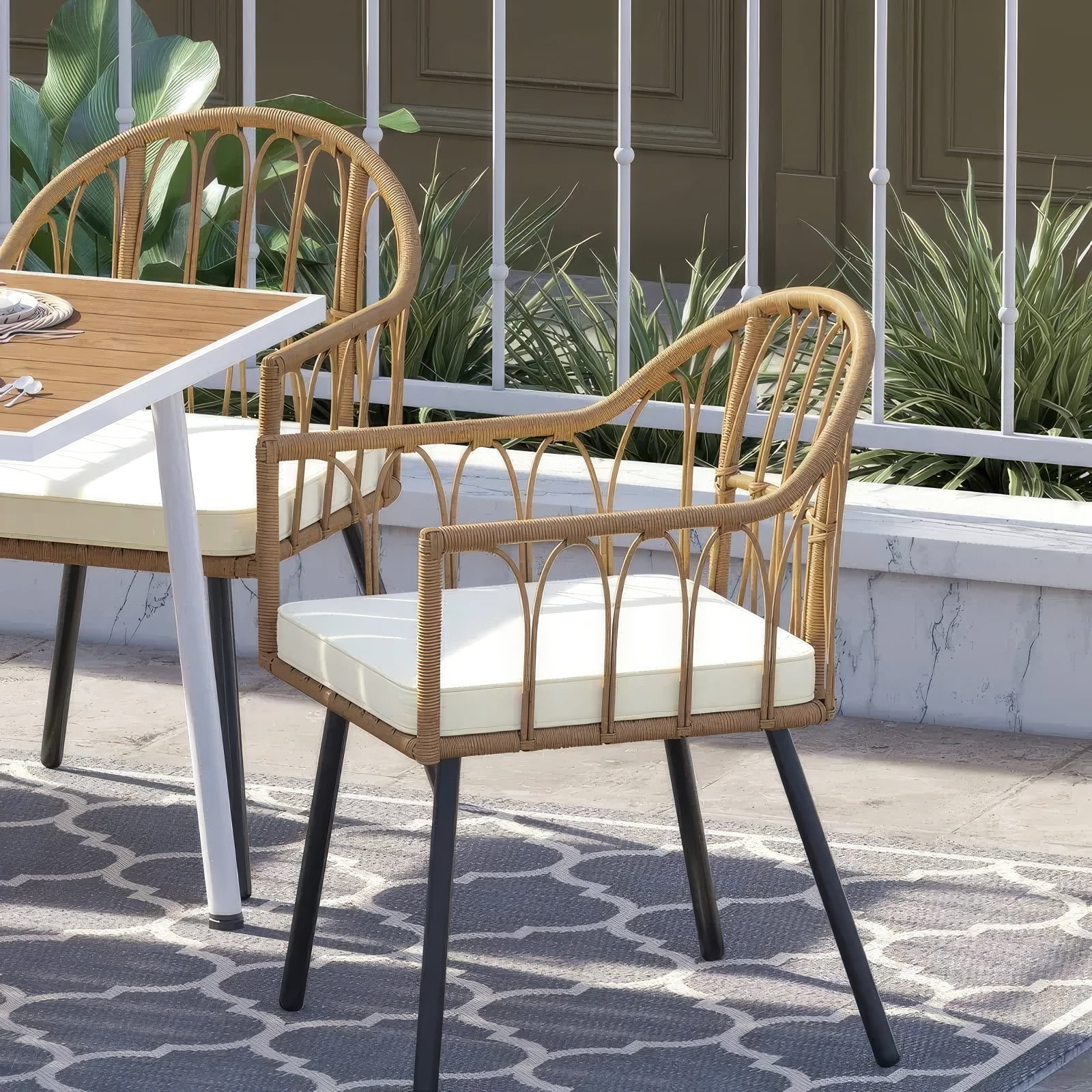 Dextrus 7 Pieces Patio Dining Sets, Outdoor Dining Set - 6 Rattan Wicker Dining Chair and Rectangular Dining Table with Umbrella Hole for Garden, Lawn,Patios, Backyard