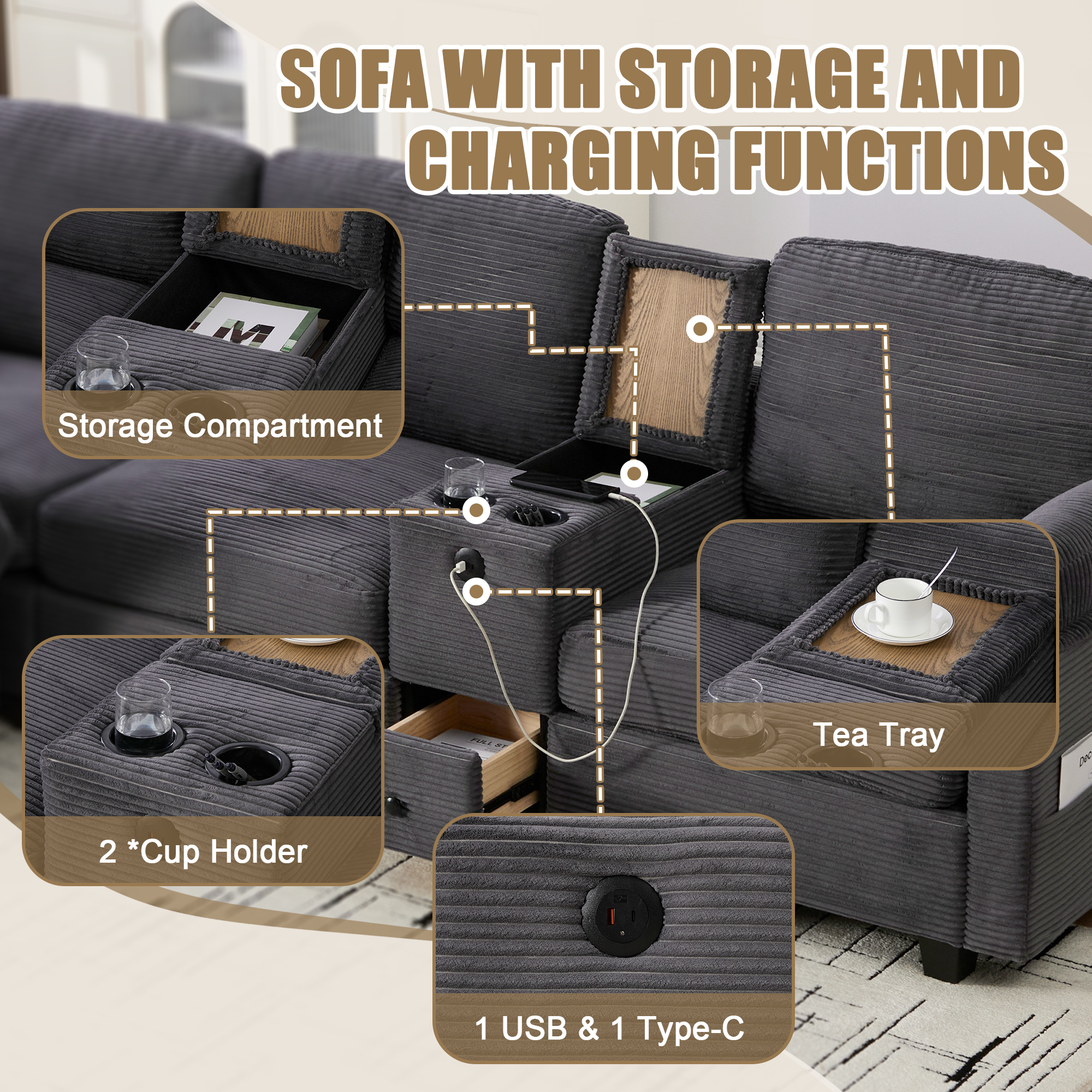 MOONMISS Corduroy Upholstered L-Shaped 4-seater Storage Multifunctional Sectional Sofa with Storage Ottoman-Dark Grey