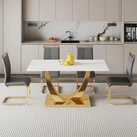 White and Gold Dining Table Set for 4 Faux Marble Dining Room Table Set for 4 63 Rectangular Tempered Glass Top Kitchen Table Set and 4 Chairs for Dining Room Kitchen