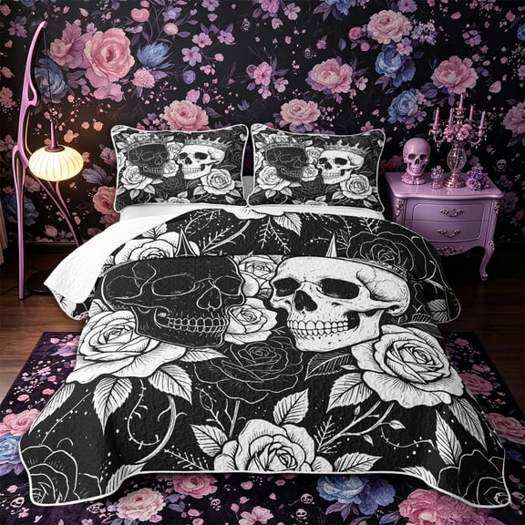 Castle Fairy Spooky Rose Bloom Twin Quilt Set,Boho Crowned Skull Twin Coverlet Set,Black White