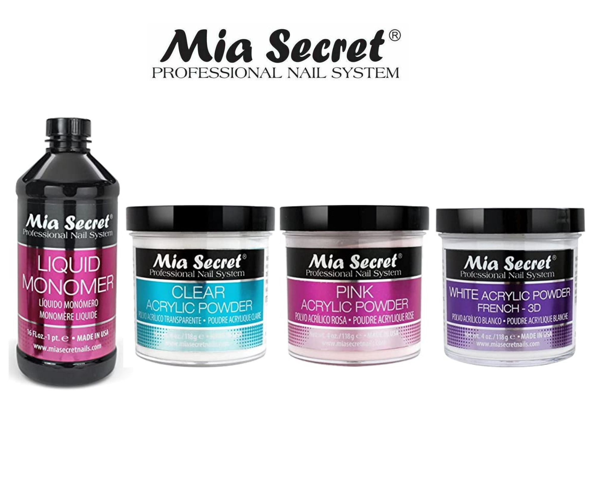 Mia Secret Liquid Monomer 16 oz and Powder 4 oz x 3 (CLEAR + PINK + WHITE)