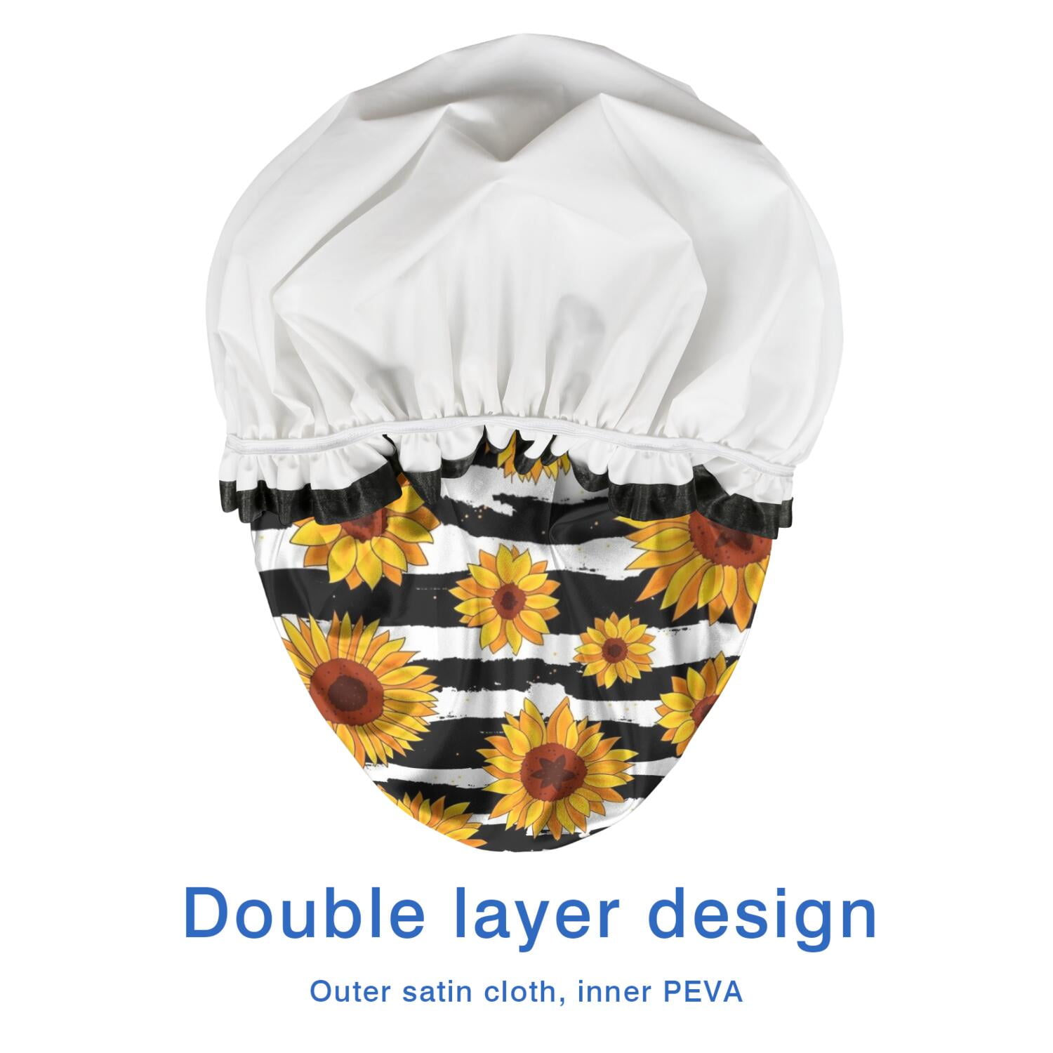 Shower Caps,Black White Striped Sunflower Pattern Waterproof Shower Cap for Women 4 Pieces,Double Reusable Hair Cover for Shower PEVA Elastic Stretch Hem