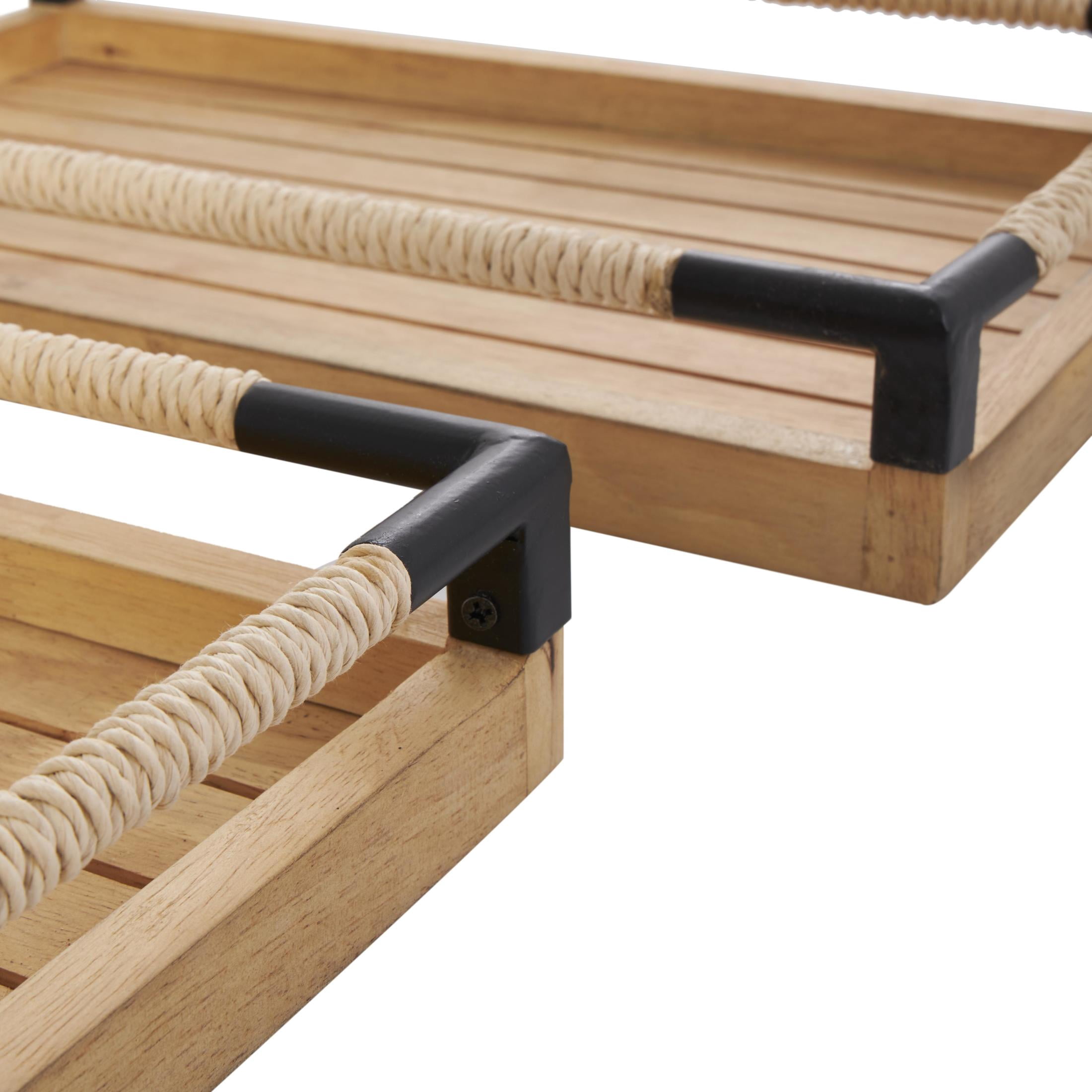 DecMode 19", 16"W Brown Wood Slatted Tray with Elevated Woven Sides and Black Metal Corners, 2-Pieces
