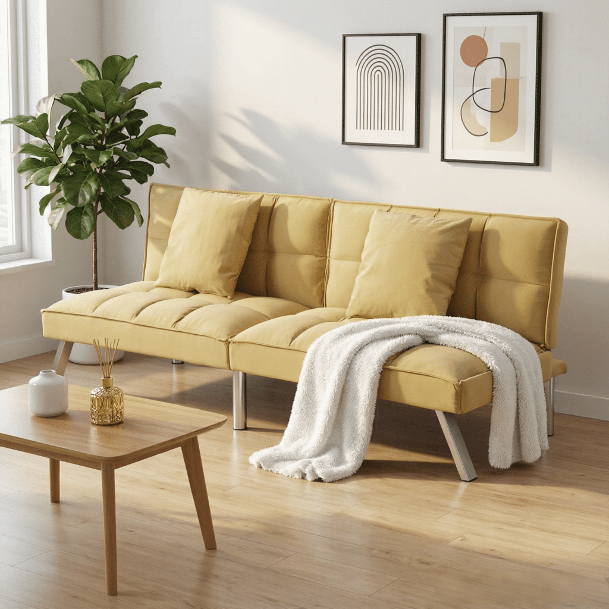 BSHTI 67.7" Velvet Futon Sofa Bed – 5-Position Adjustable Split-Back, Convertible Sleeper Couch with Tufted Upholstery, Metal Legs & 2 Toss Pillows, for Living Room, Office, Guest Room（Olive）