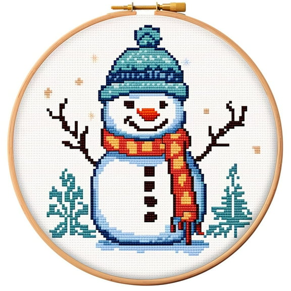 Cartoon Simple Figure Snowman 11CT Stamped Cross Stitch Kits with Hoop Easy for Beginners Child Needlepoint Counted Embroidery Kits Art Craft Wall Decor 12x12IN(2)