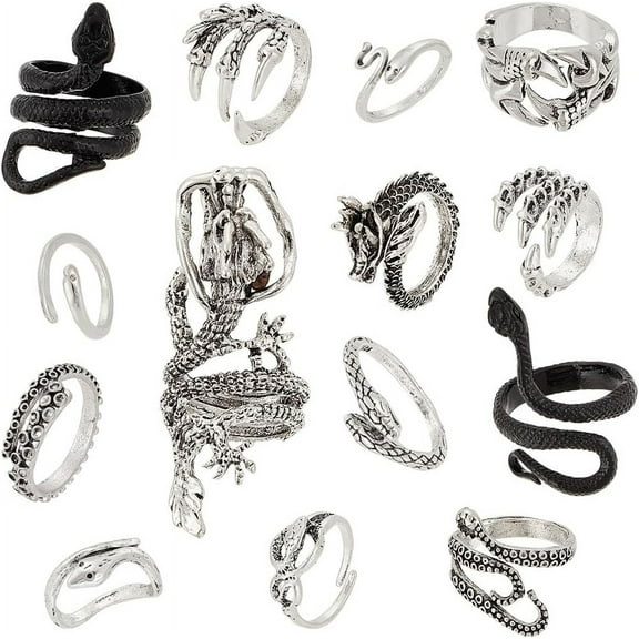 14 Pieces Vintage Punk Rings Set Gothic Stackable Rings Silver Snake Frog Dragon Ring Adjustable Open Rings Animal Finger Rings Cuff Rings Boho Rings For Women Men Jewelry diy