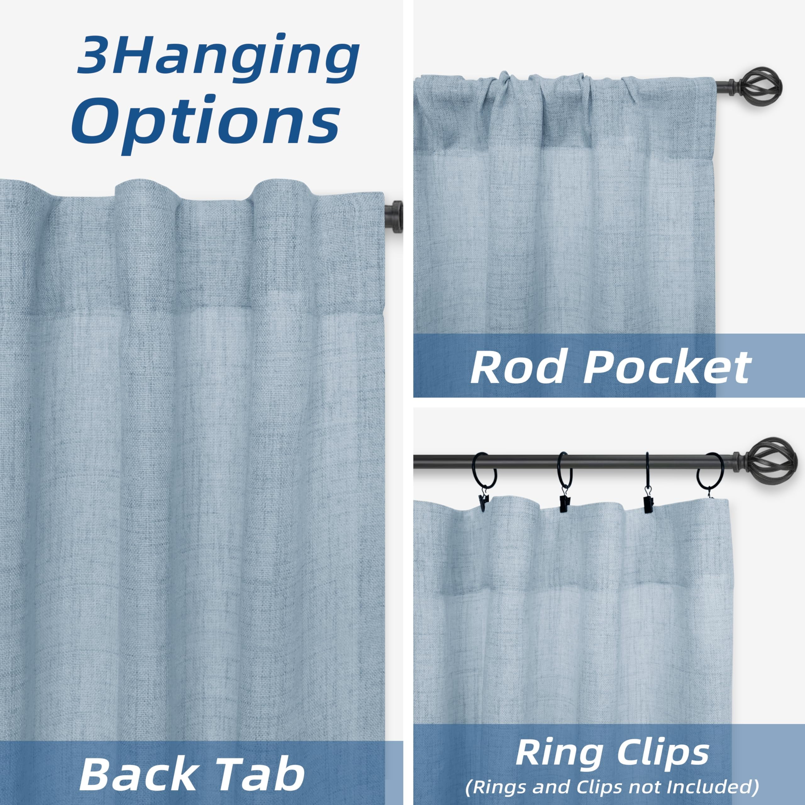 DriftAway Blue Linen Curtains 63 Inches Long for Living Room Thick Semi Sheer 2 Panels Farmhouse 3 Inch Rod Pocket Back Tab Boho Rustic Light Filtering Window Drapes for Bedroom Privacy Assured