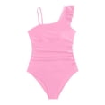 thumbnail image 3 of SSCMYXG Girls Ruched 1 Piece Bathing Suit, Single Shoulder Ruffle Swimsuit, Kids Swimwear for 8-16Y Summer Vacation Red 9-10 Years, 3 of 6