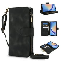 Allytechgroup Premium Wallet Phone Case for Samsung Galaxy A52 5G, Zipper Pocket Kickstand Crossbody Shoulder Strap Hand Wrist RFID Blocking Shockproof Protective Case for Women Men, Black