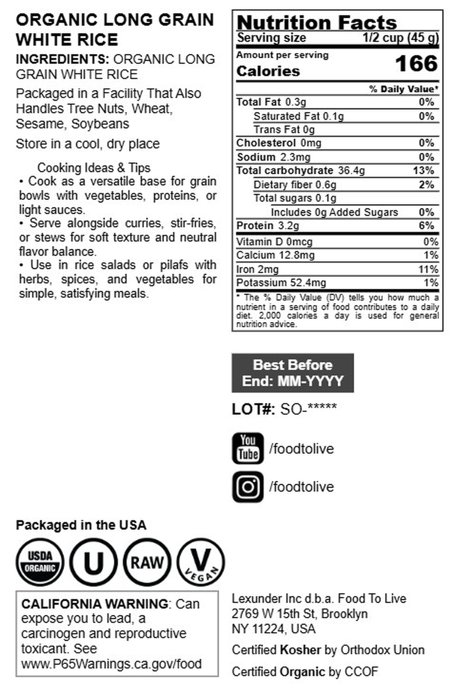 Organic Long Grain White Rice, 10 Pounds — Non-GMO, Kosher, Vegan, Raw - by Food to Live