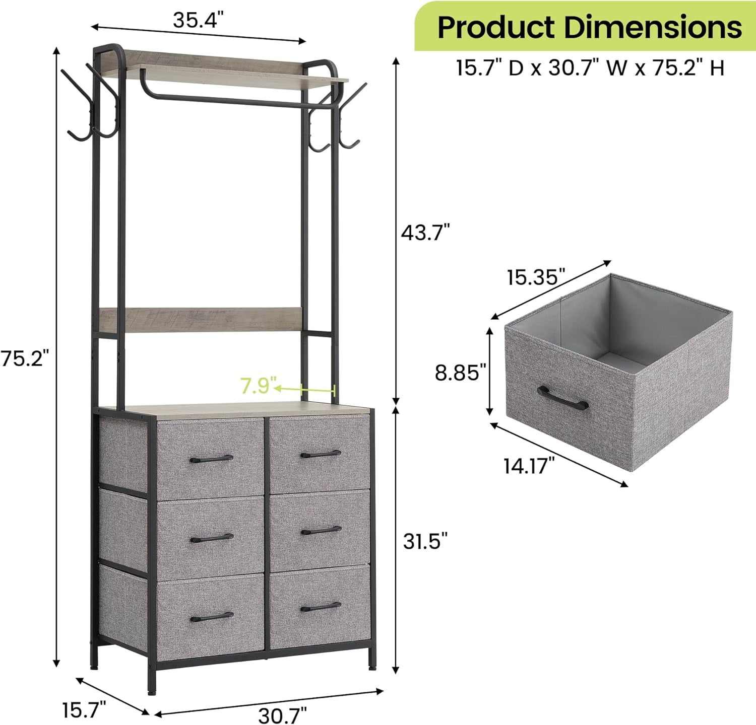 Jojoka 6-Drawers Dresser with Clothes Rack, 4 Hooks and Hanging Rods, Chest of Drawers Storage Organizer with Metal Frame, Wood Top & Fabric Drawer Jojoka 6-Drawers Dresser with Clothes Rack, 4 Hooks and Hanging Rods, Chest of Drawers Storage Organizer with Metal Frame, Wood Top & Fabric Drawer