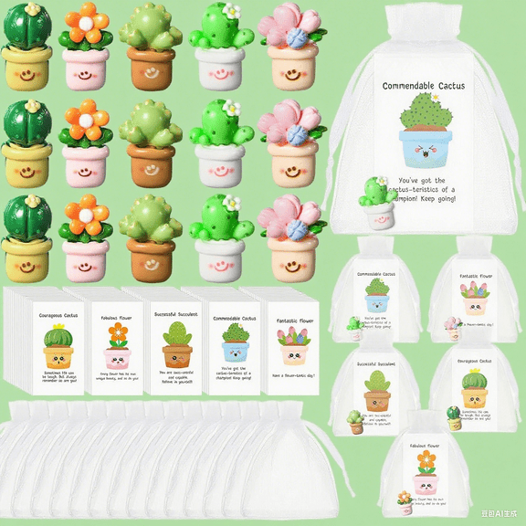 Employee Appreciation Gift Bulk for Coworkers Resin Flower Pot Pun Inspirational Notecards Organza Bags, Thank You Staff Gift Office, Pocket Favors Commendable Cactus Flower Succulent  (25 Pcs Set)
