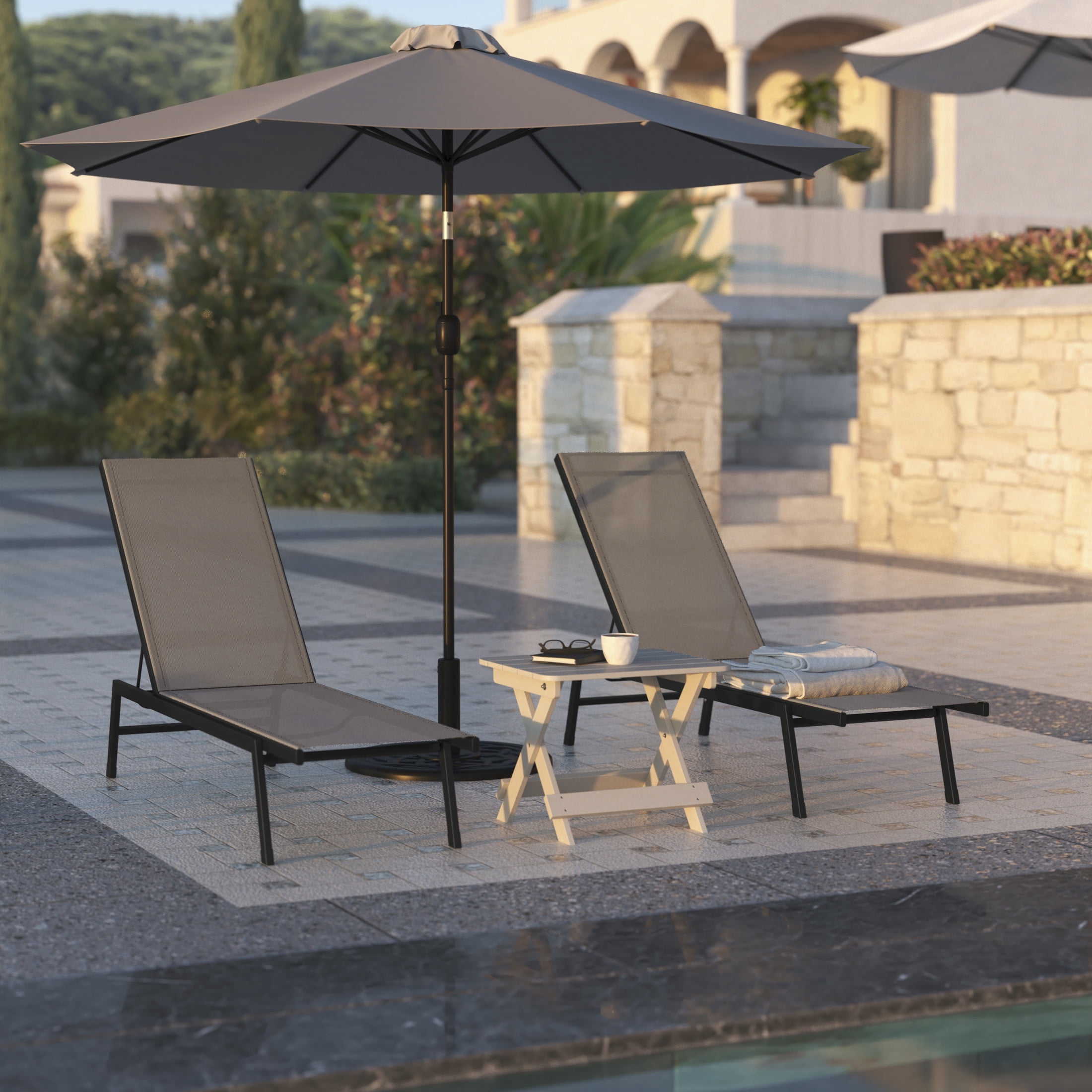 Flash Furniture Brazos Set of 2 Adjustable Chaise Lounge Chairs, Outdoor Five-Position Recliners, All Weather, Black/Brown