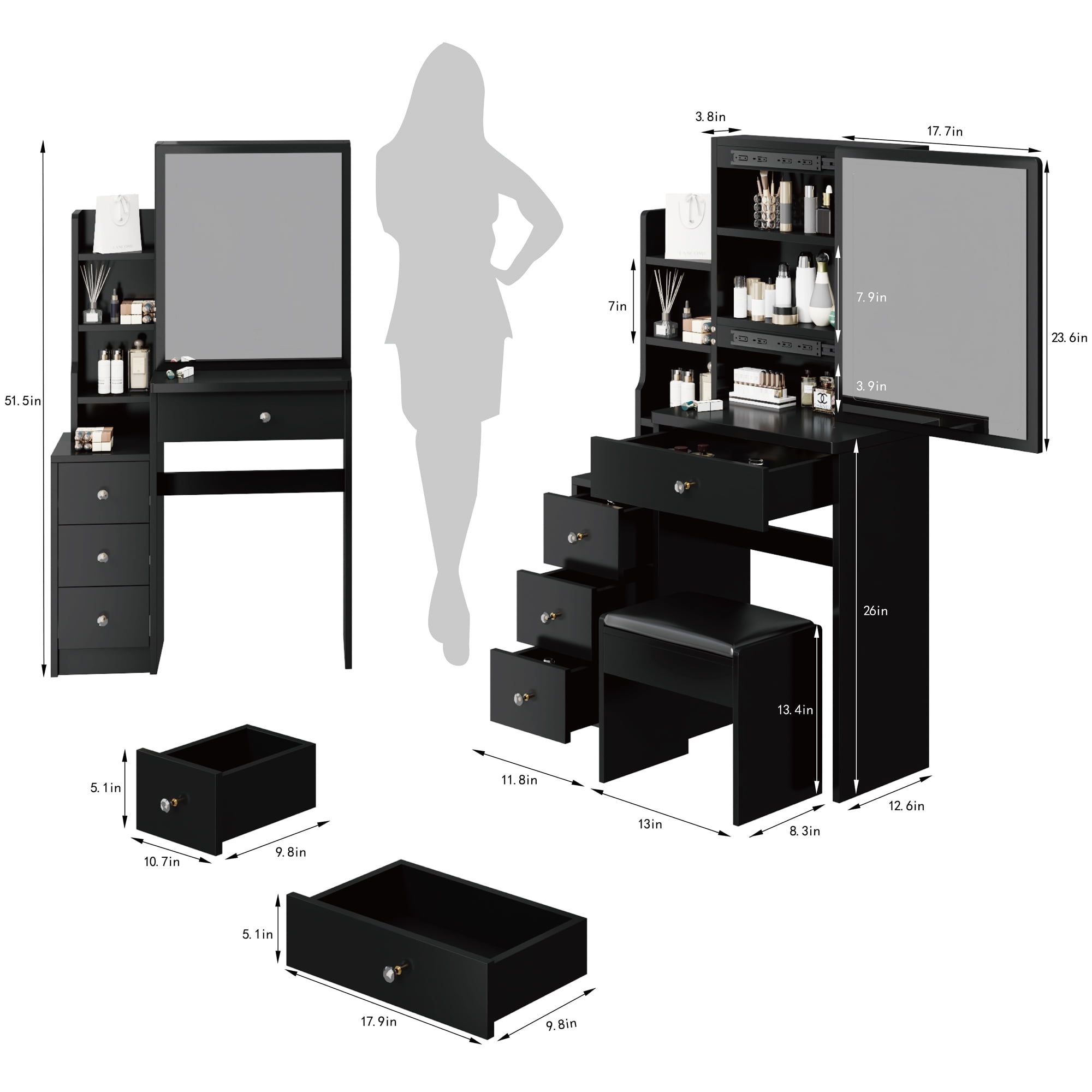 Aukfa Girls Functional Soft-Close Drawer Mirror Table Set Black-A