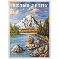 MyPuzzle - Grand Teton National Park - Grizzly Bear Hug, Vintage Travel Poster - Premium 1000 Piece Jigsaw Puzzle for Adults