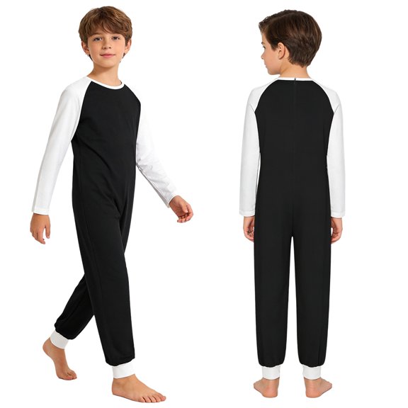 Hansber Special Needs Adaptive Clothing for Kids Boys Girls Color Block Anti-Strip Long Leg Jumpsuit with Back-Zip Black 10