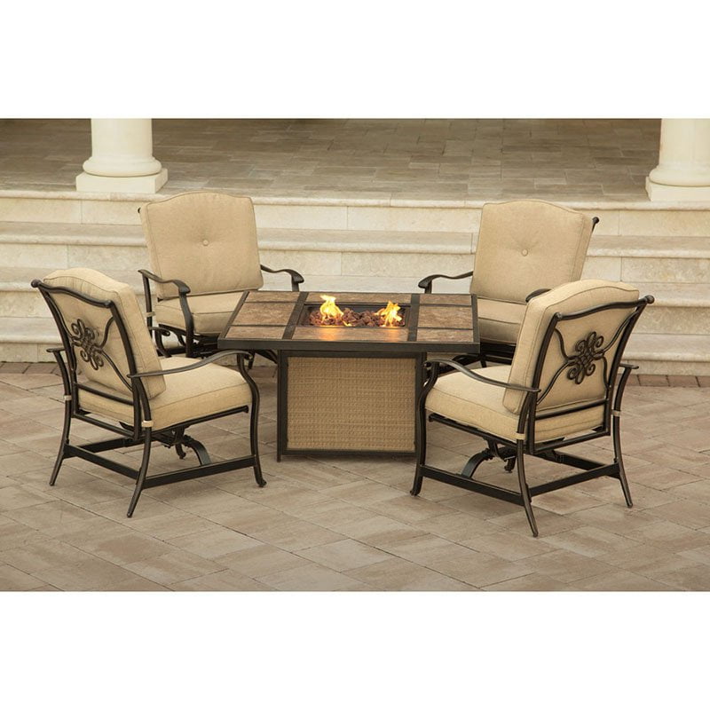 Hanover Outdoor Traditions 5-Piece Tile-Top Firepit Conversation Set, Natural Oat Bronze by Hanover Outdoor